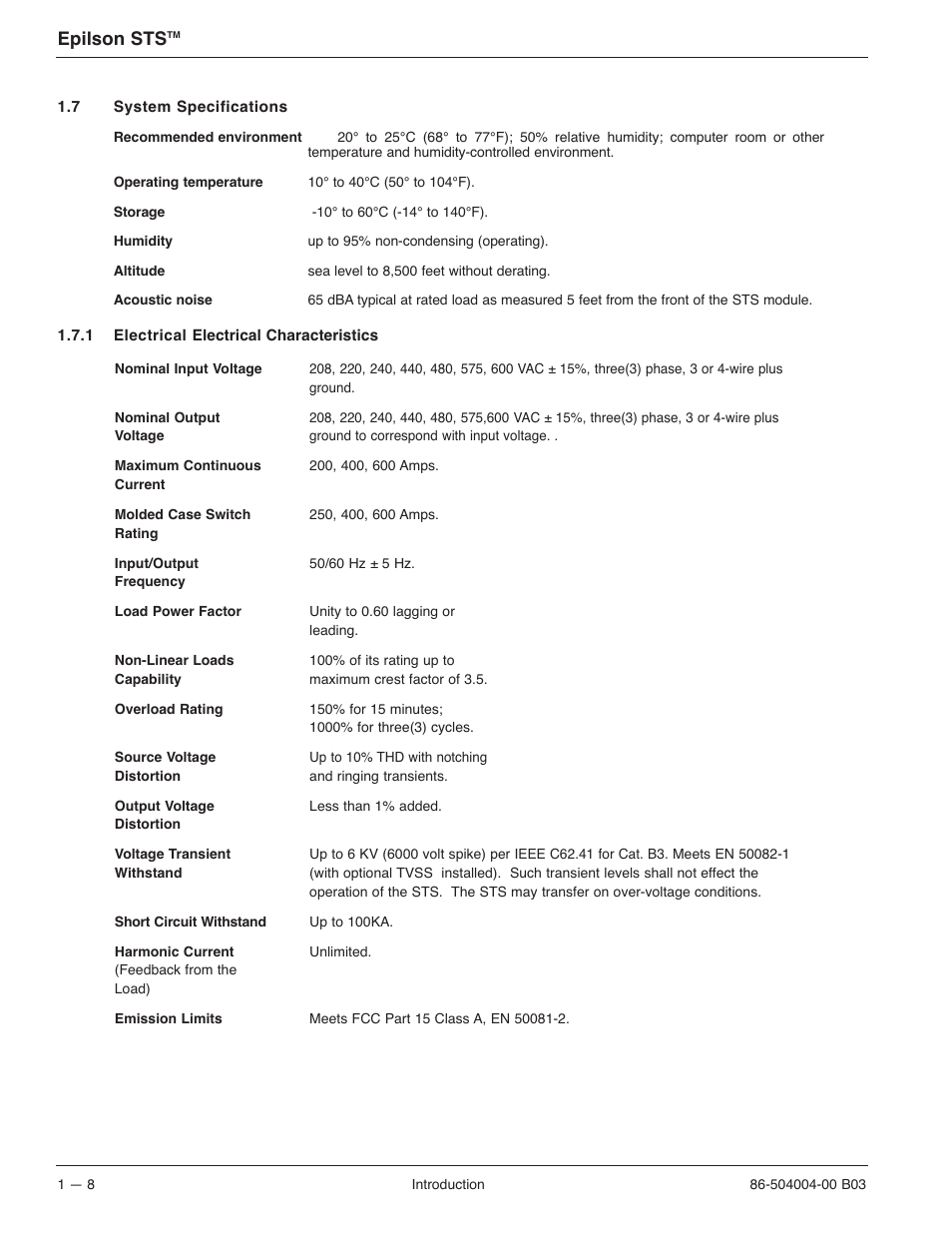 Epilson sts | MGE UPS Systems STS 600A User Manual | Page 24 / 66