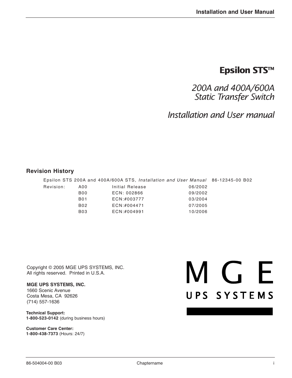 Epsilon sts | MGE UPS Systems STS 600A User Manual | Page 3 / 66