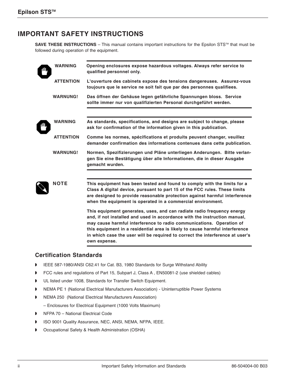 Important safety instructions, Epilson sts, Certification standards | MGE UPS Systems STS 600A User Manual | Page 4 / 66