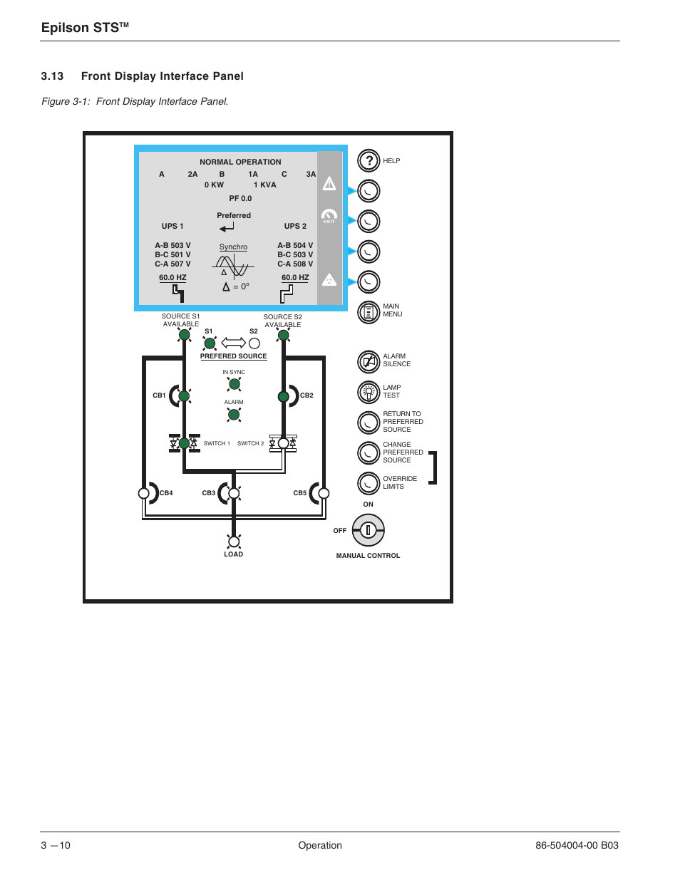 Epilson sts, 13 front display interface panel, Figure 3-1: front display interface panel | MGE UPS Systems STS 600A User Manual | Page 48 / 66