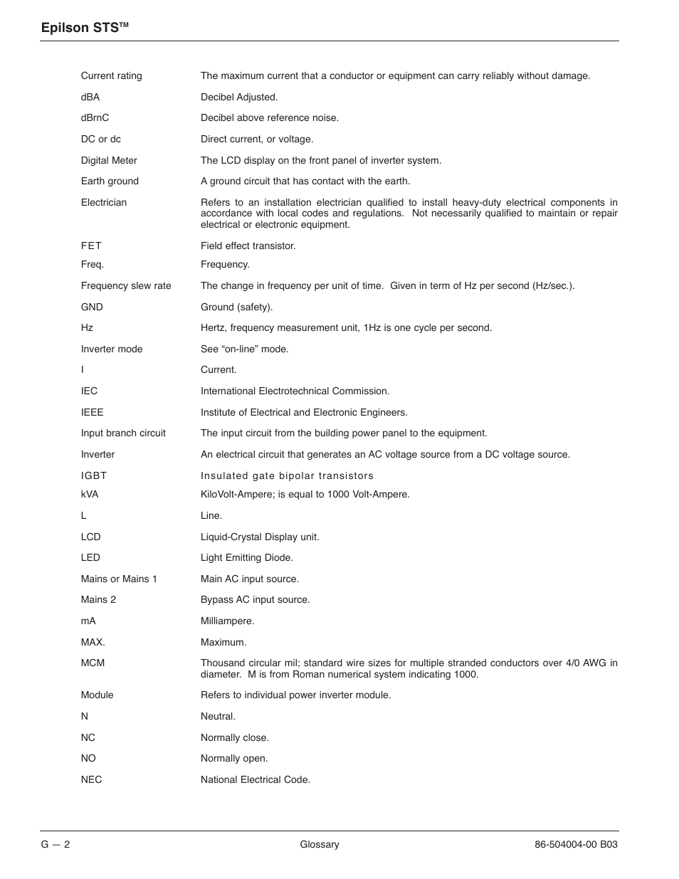 Epilson sts | MGE UPS Systems STS 600A User Manual | Page 60 / 66