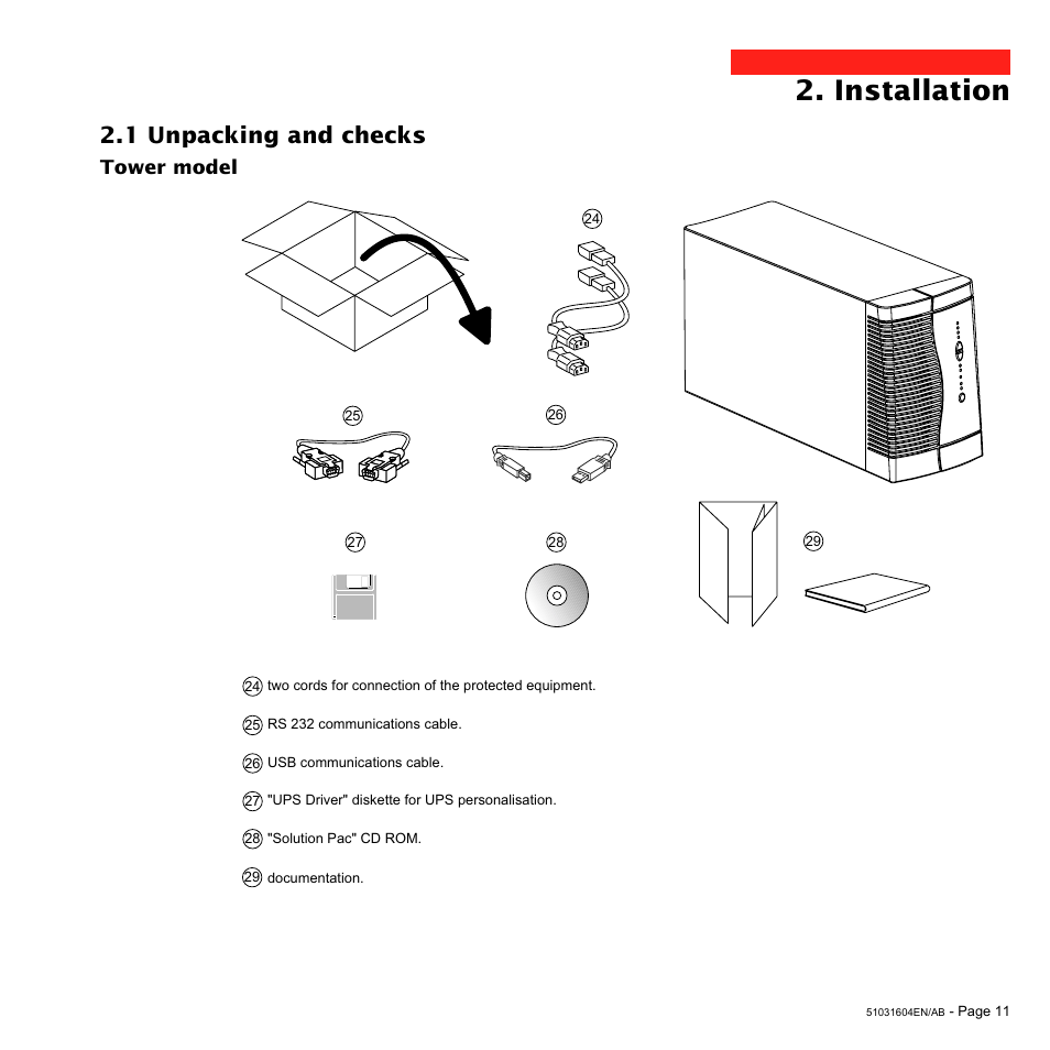 Installation, 1 unpacking and checks, Tower model | MGE UPS Systems Pulsar EXtreme 1000C User Manual | Page 11 / 28