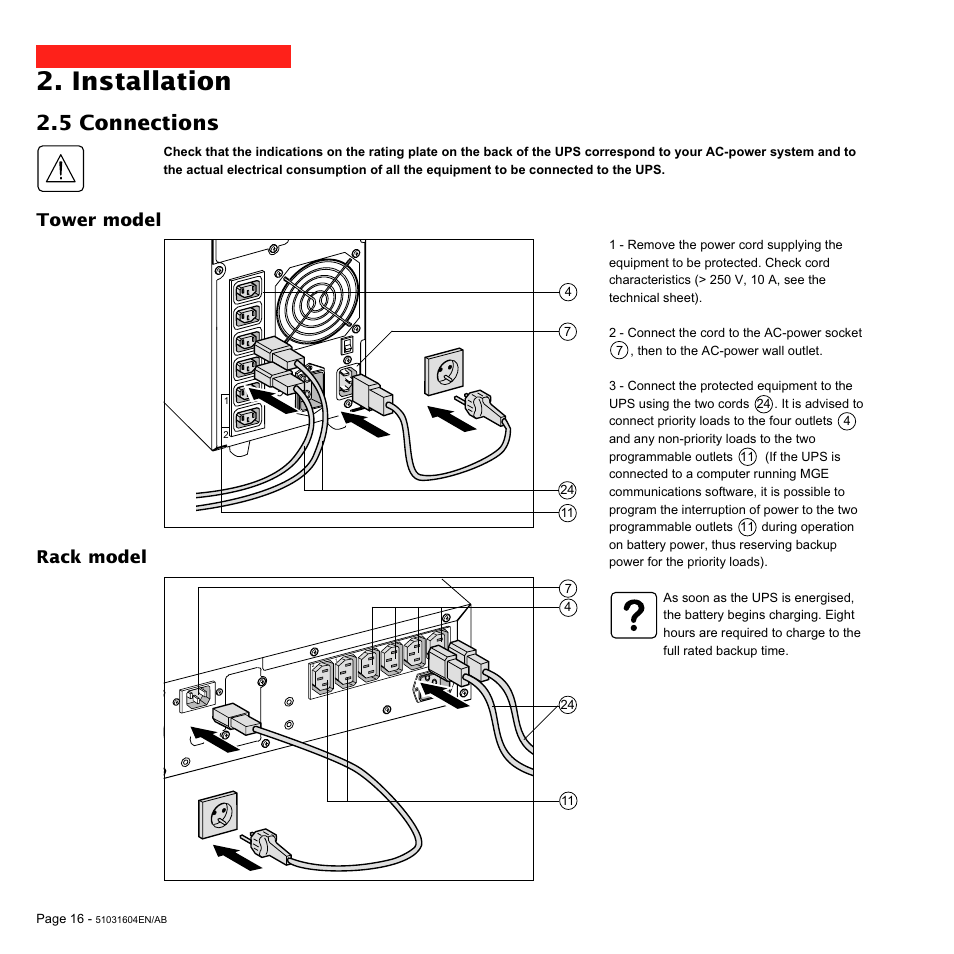 Installation, 5 connections, Tower model | Rack model | MGE UPS Systems Pulsar EXtreme 1000C User Manual | Page 16 / 28