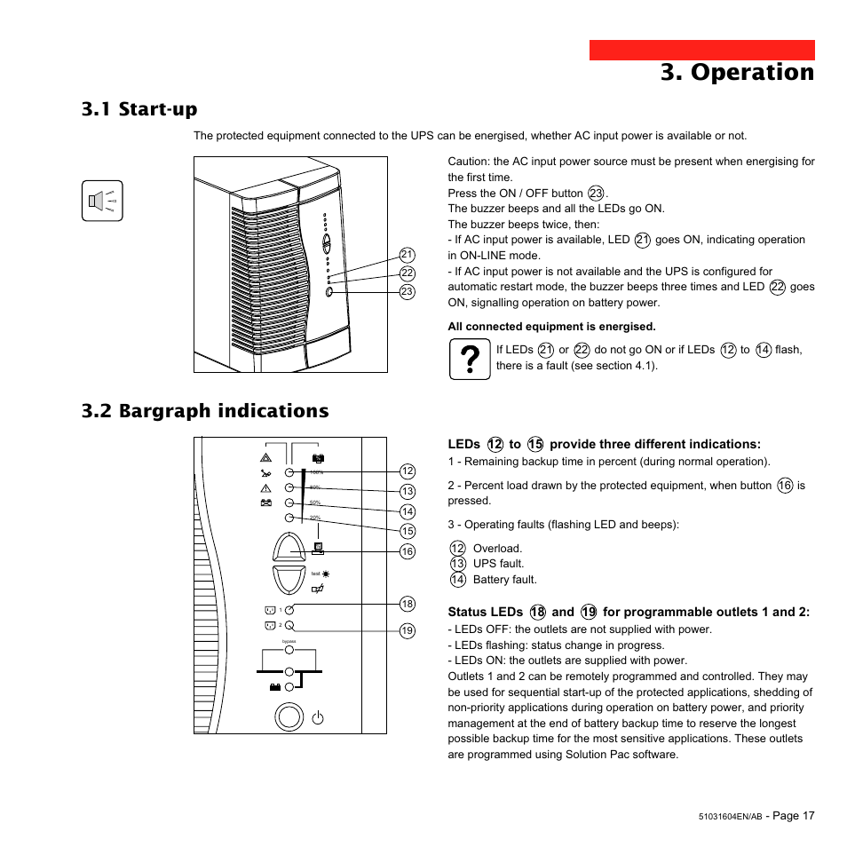 Operation, 1 start-up, 2 bargraph indications | MGE UPS Systems Pulsar EXtreme 1000C User Manual | Page 17 / 28