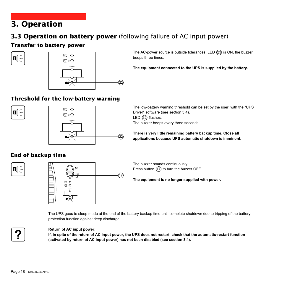 Operation, Transfer to battery power, Threshold for the low-battery warning | End of backup time | MGE UPS Systems Pulsar EXtreme 1000C User Manual | Page 18 / 28