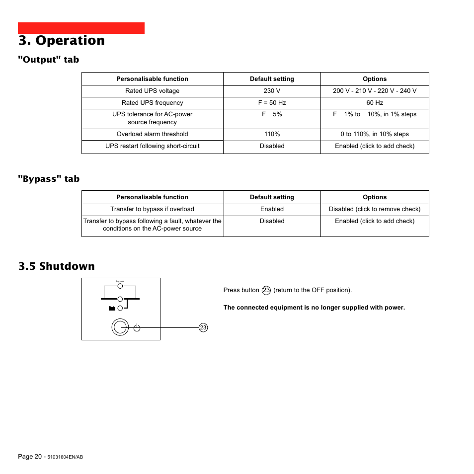 Operation, 5 shutdown, Output" tab "bypass" tab | MGE UPS Systems Pulsar EXtreme 1000C User Manual | Page 20 / 28