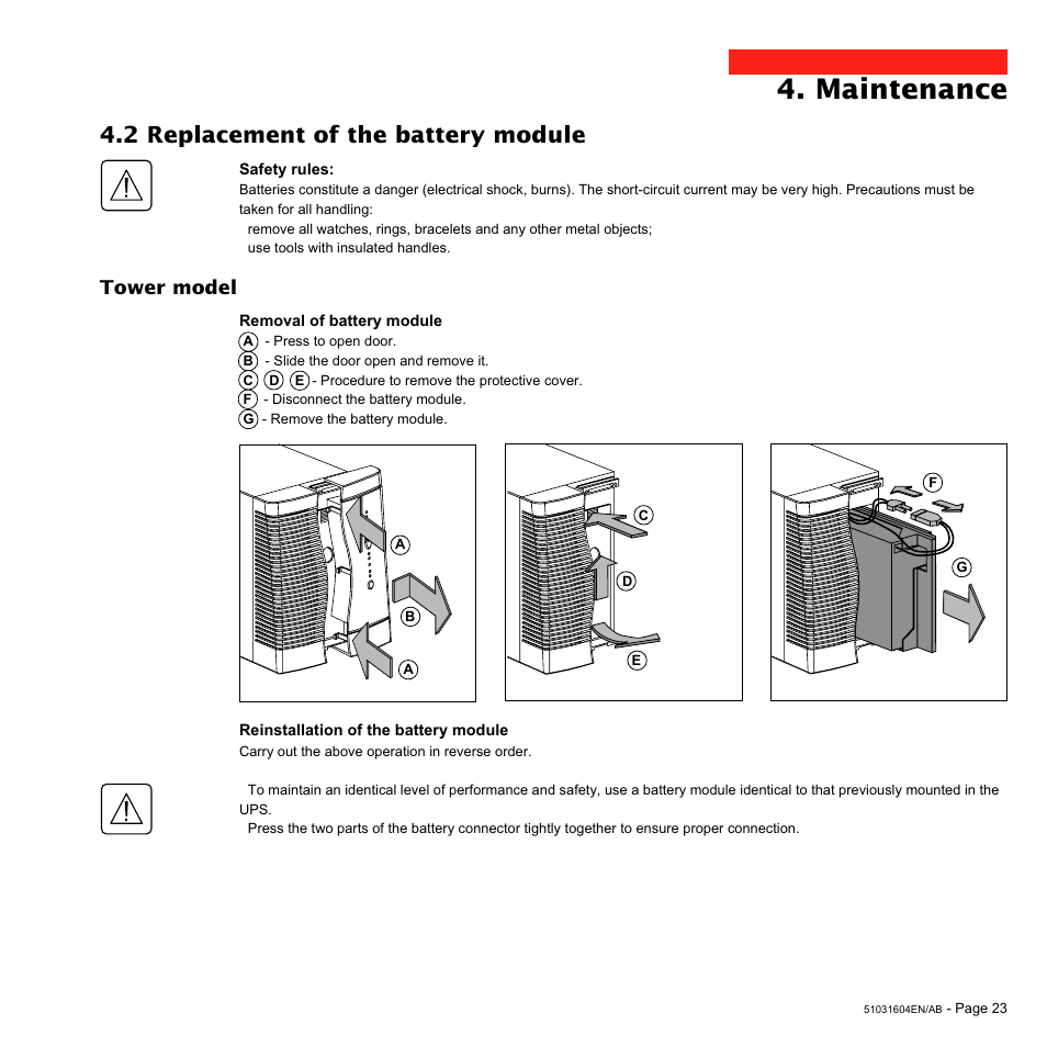 Maintenance, 2 replacement of the battery module, Tower model | MGE UPS Systems Pulsar EXtreme 1000C User Manual | Page 23 / 28