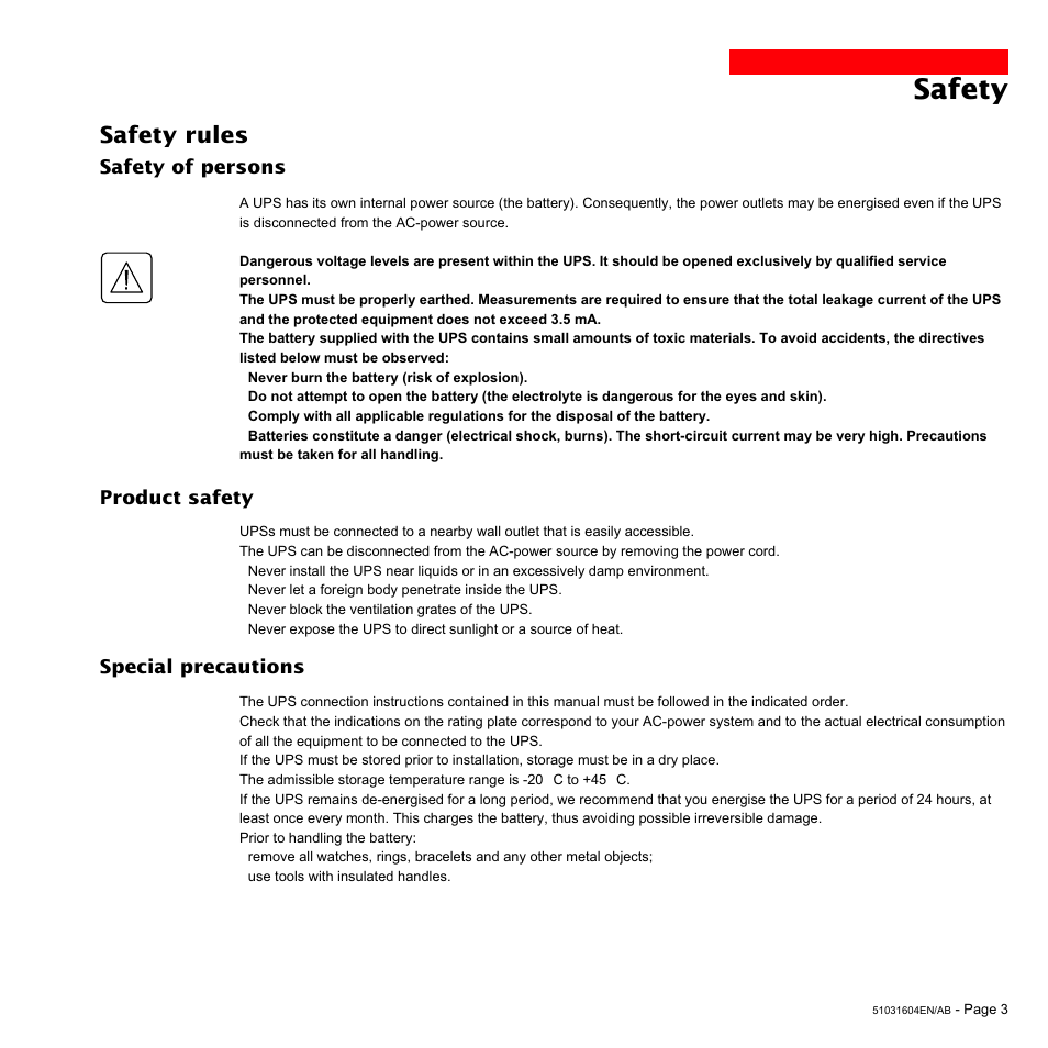 Safety, Safety rules, Safety of persons | Product safety, Special precautions | MGE UPS Systems Pulsar EXtreme 1000C User Manual | Page 3 / 28