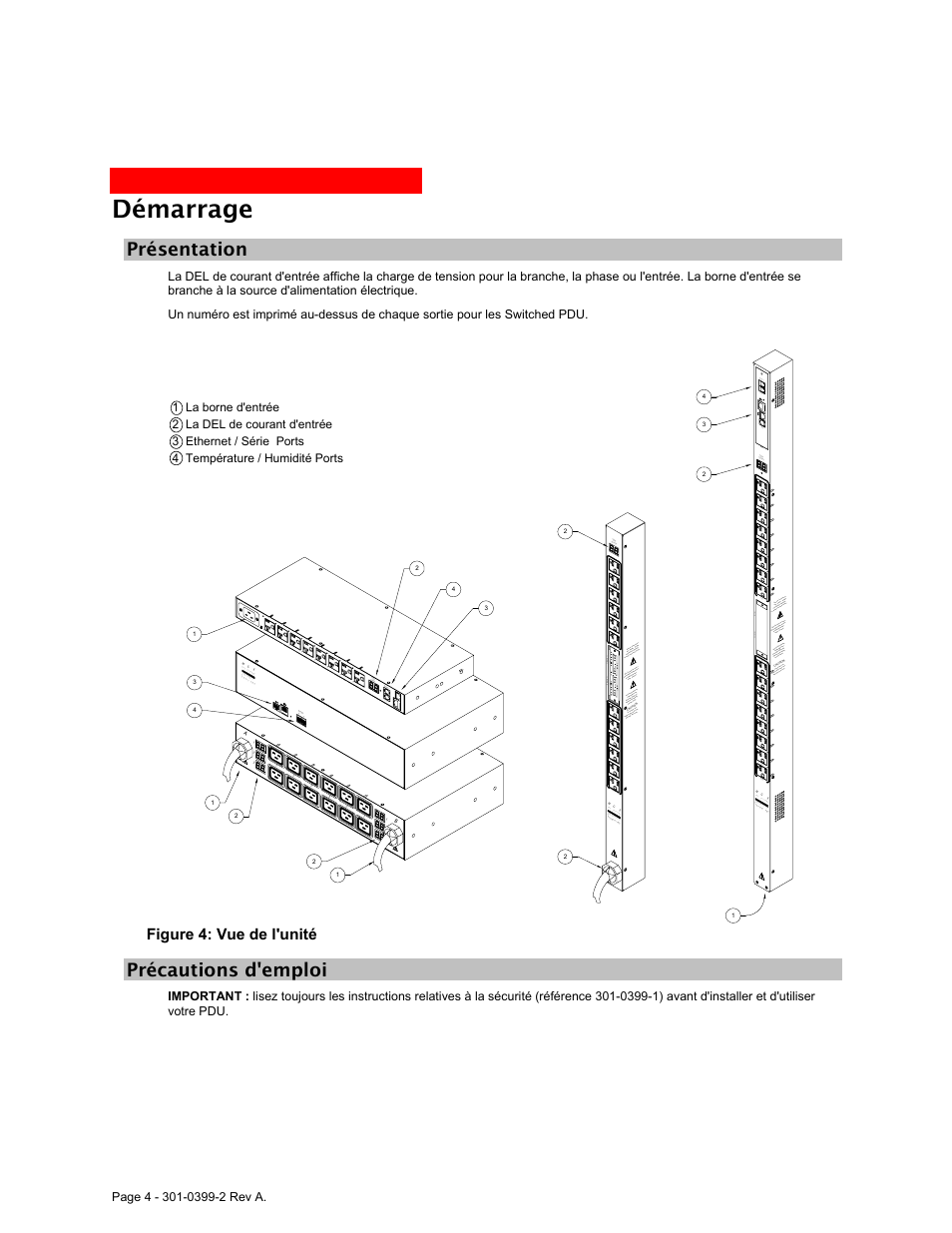 Présentation, Précautions d'emploi, Démarrage | MGE UPS Systems Rackmount PDU User Manual | Page 12 / 36