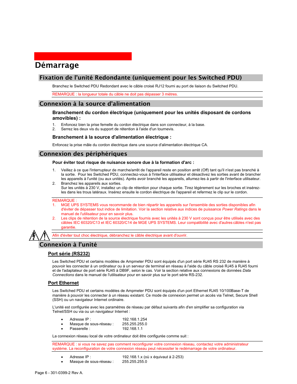 Connexion à la source d'alimentation, Connexion des périphériques, Connexion à l'unité | Port série (rs232), Port ethernet, Démarrage | MGE UPS Systems Rackmount PDU User Manual | Page 14 / 36