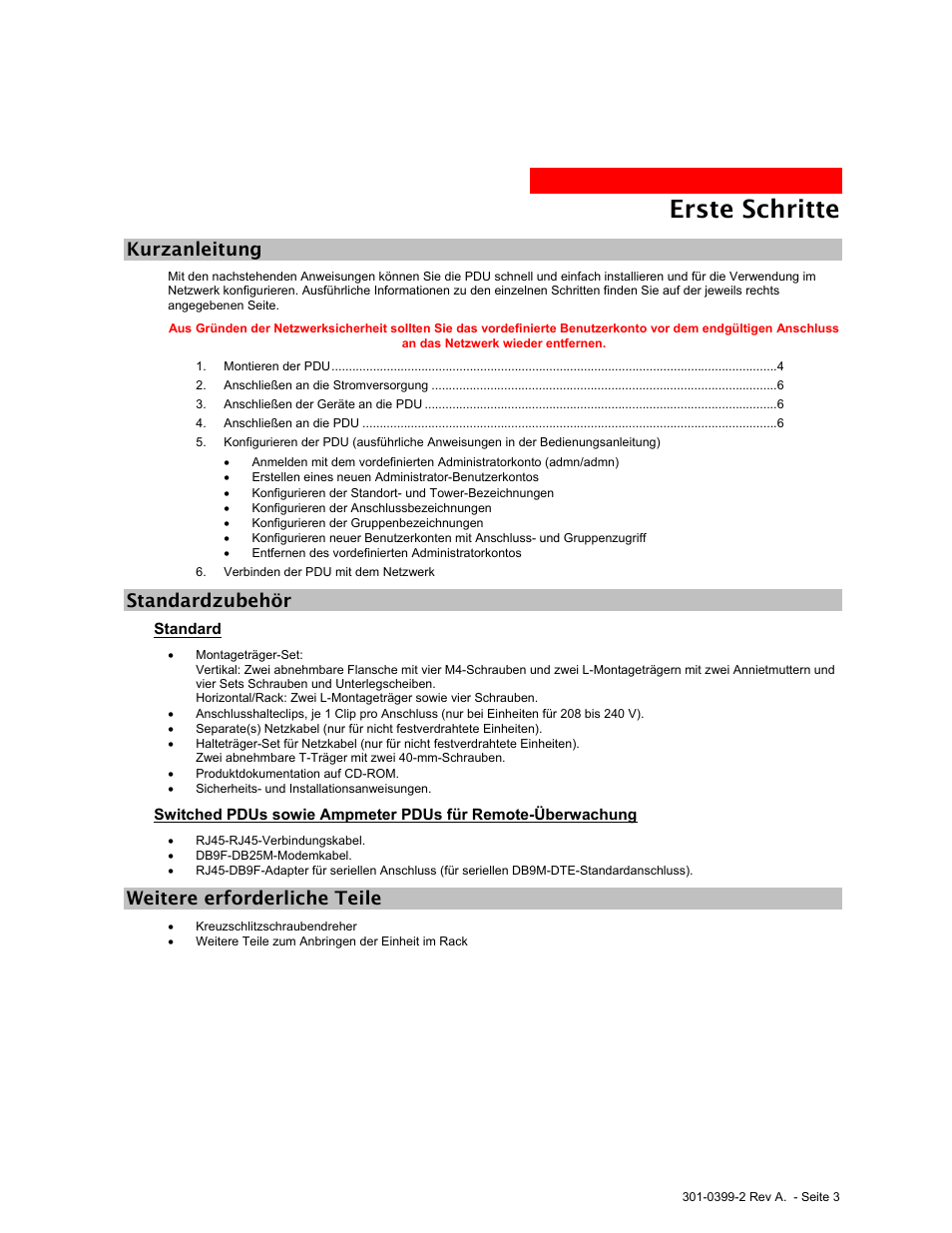 Kurzanleitung, Standardzubehör, Standard | Weitere erforderliche teile, Erste schritte | MGE UPS Systems Rackmount PDU User Manual | Page 17 / 36