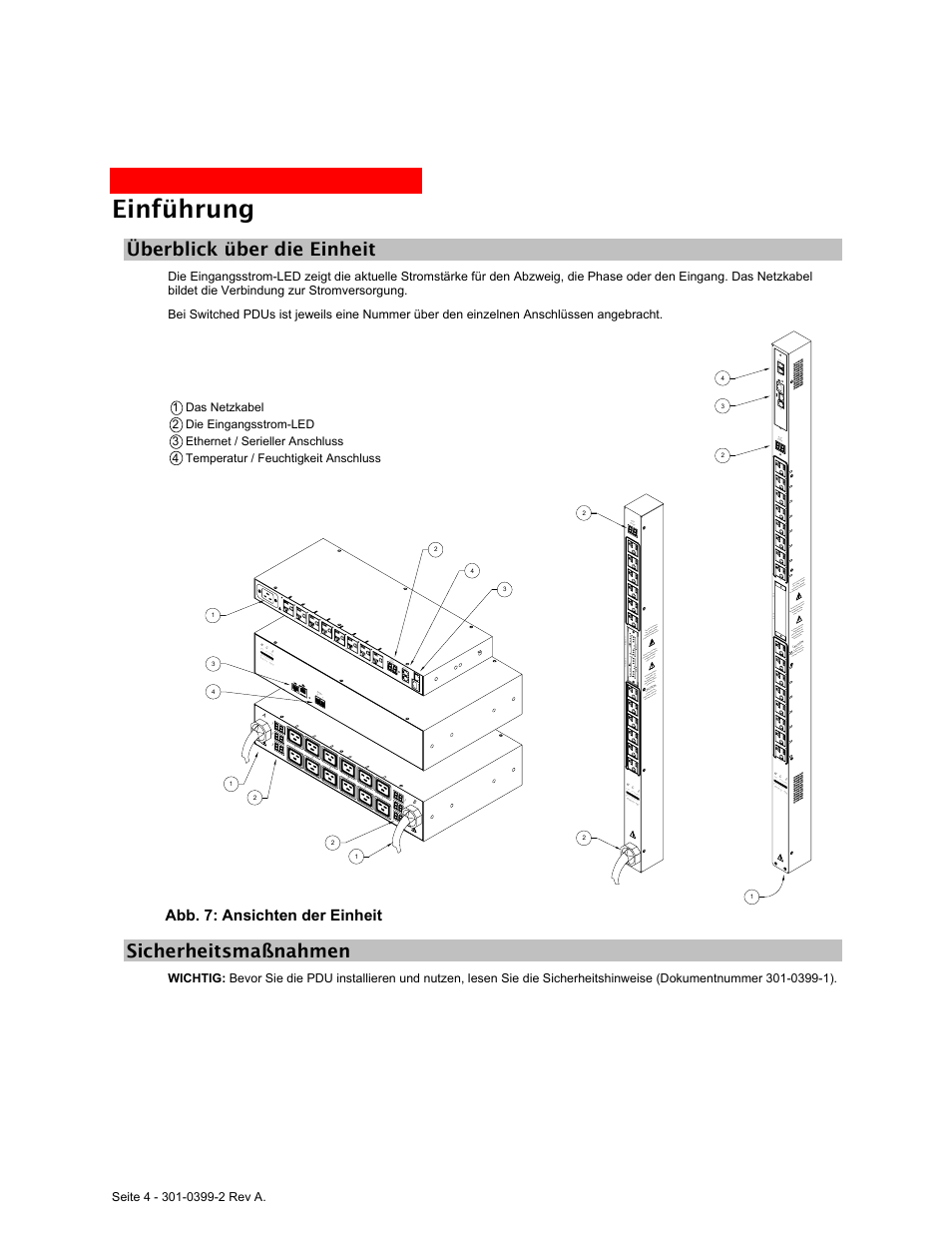 Überblick über die einheit, Sicherheitsmaßnahmen, Einführung | Sich, Erheitsmaßnahmen | MGE UPS Systems Rackmount PDU User Manual | Page 18 / 36