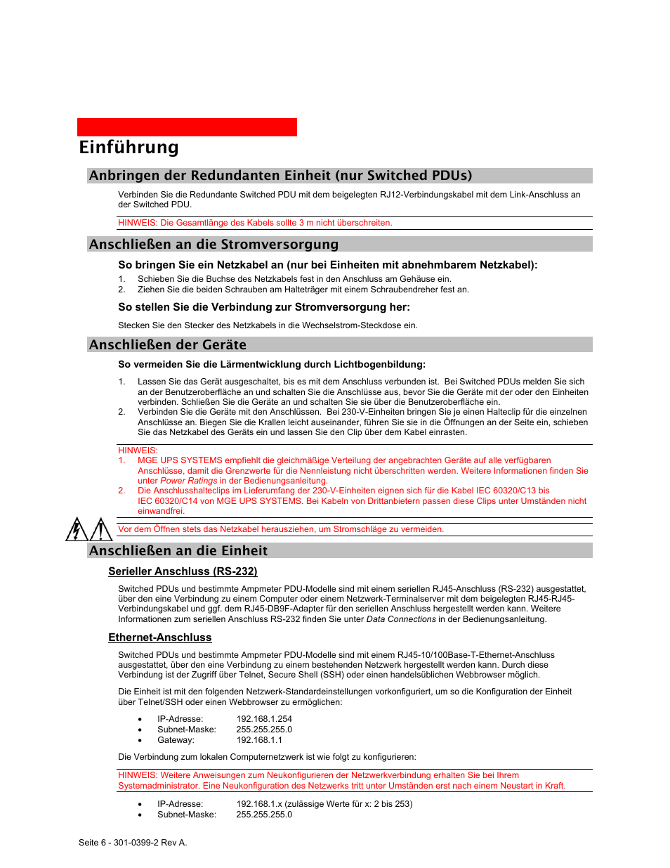 Anschließen an die stromversorgung, Anschließen der geräte, Anschließen an die einheit | Serieller anschluss (rs-232), Ethernet-anschluss, Einführung | MGE UPS Systems Rackmount PDU User Manual | Page 20 / 36
