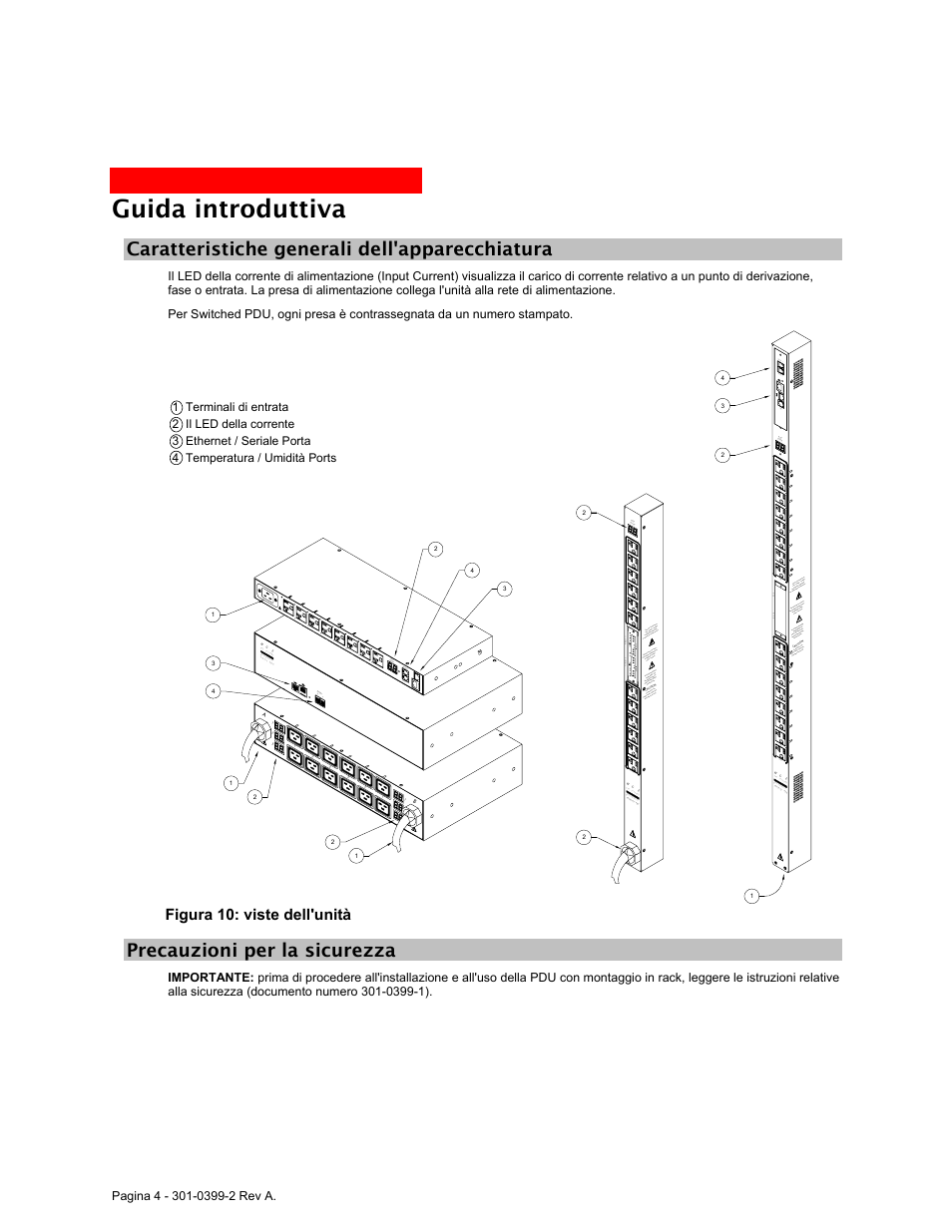 Caratteristiche generali dell'apparecchiatura, Precauzioni per la sicurezza, Guida introduttiva | Prec, Auzioni per la sicurezza | MGE UPS Systems Rackmount PDU User Manual | Page 24 / 36