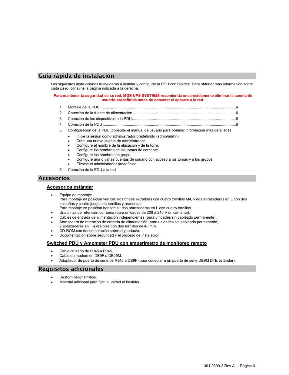 Guía rápida de instalación, Accesorios, Accesorios estándar | Requisitos adicionales | MGE UPS Systems Rackmount PDU User Manual | Page 29 / 36