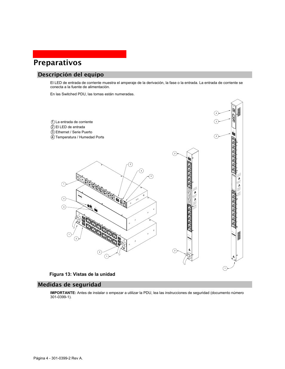 Descripción del equipo, Medidas de seguridad, Preparativos | Idas de seguridad | MGE UPS Systems Rackmount PDU User Manual | Page 30 / 36