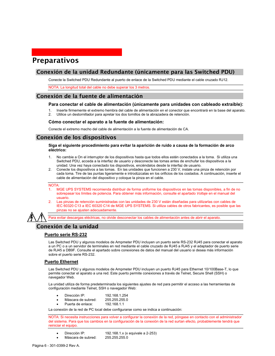 Conexión de la fuente de alimentación, Conexión de los dispositivos, Conexión de la unidad | Puerto serie rs-232, Puerto ethernet, Preparativos | MGE UPS Systems Rackmount PDU User Manual | Page 32 / 36