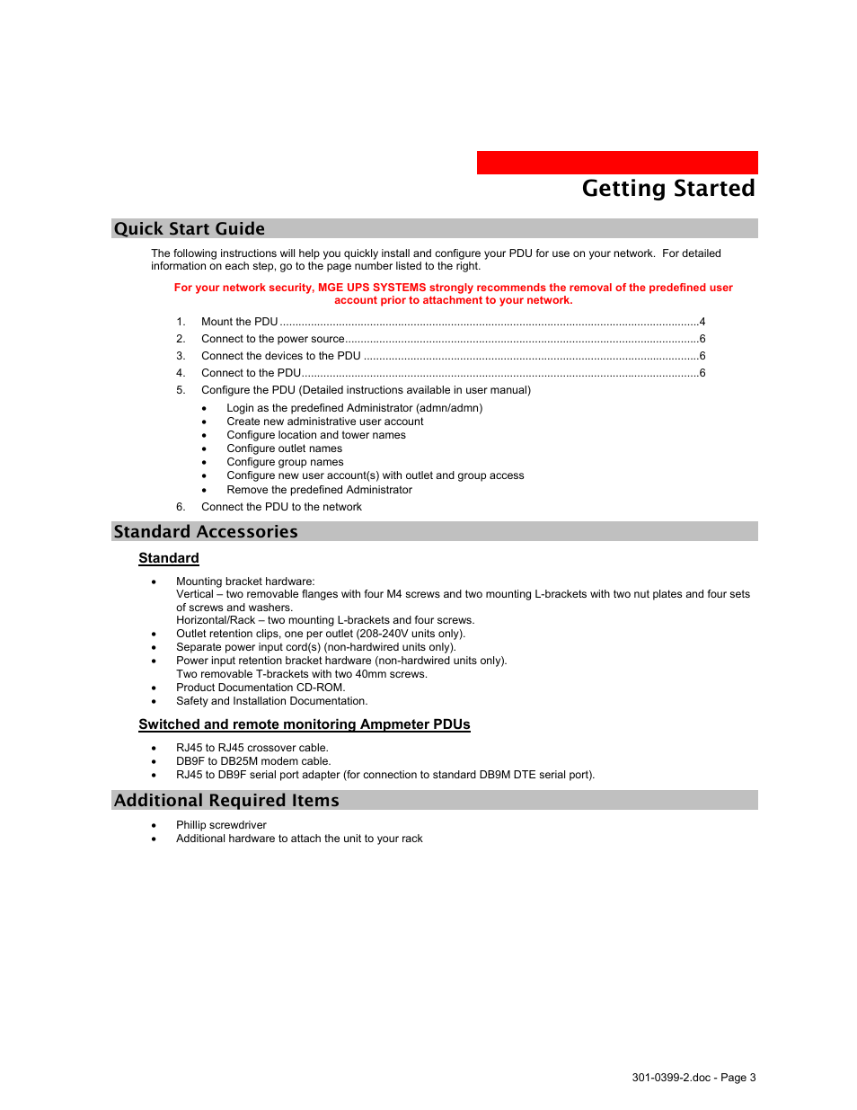 Quick start guide, Standard accessories, Standard | Switched and remote monitoring ampmeter pdus, Additional required items, Getting started | MGE UPS Systems Rackmount PDU User Manual | Page 5 / 36