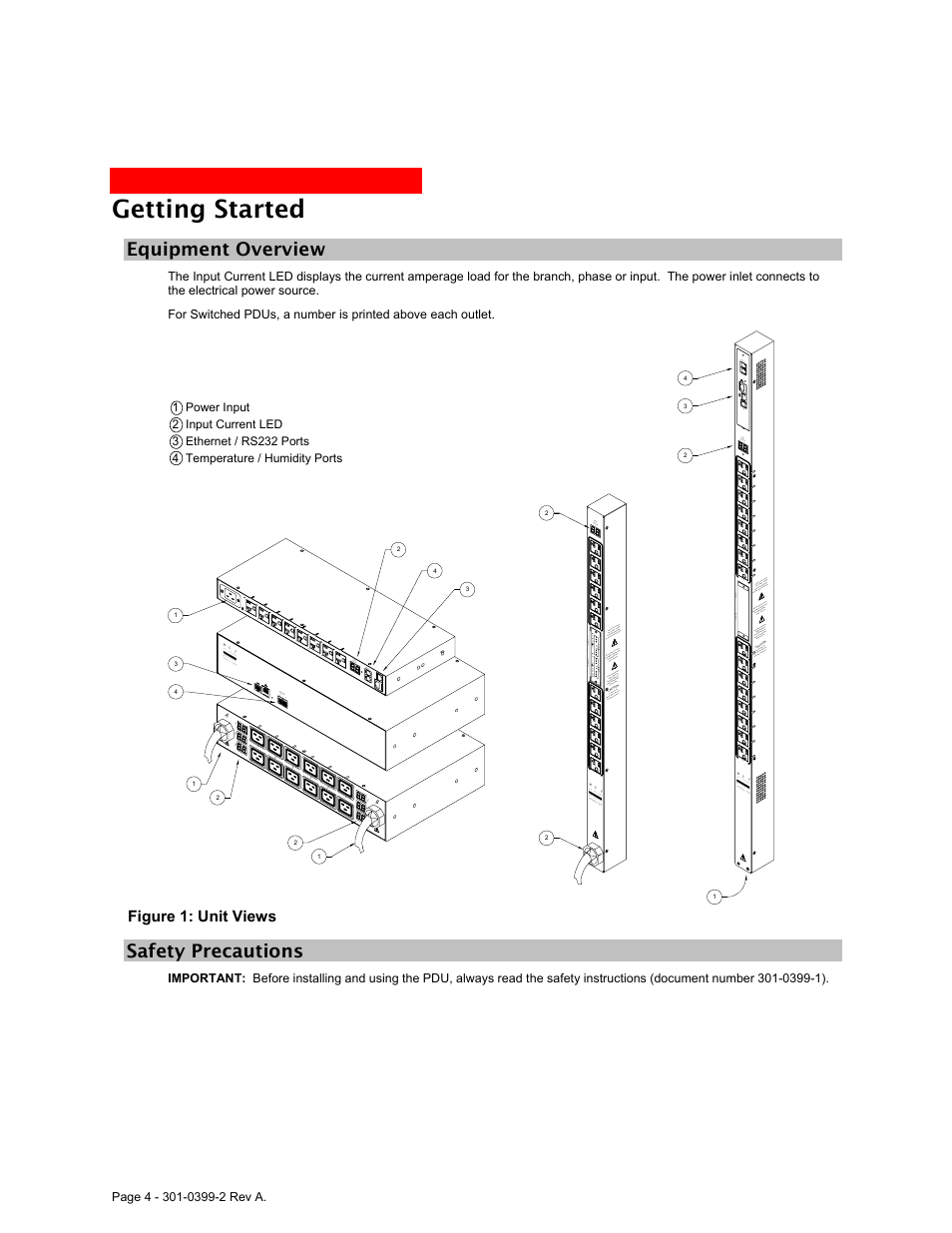 Equipment overview, Safety precautions, Getting started | Safe, Ty precautions | MGE UPS Systems Rackmount PDU User Manual | Page 6 / 36