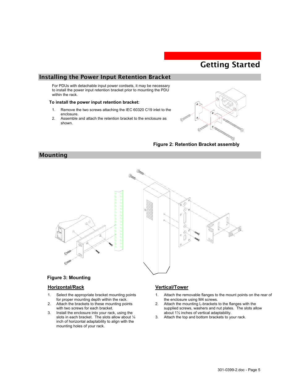 Installing the power input retention bracket, Mounting, Horizontal/rack | Vertical/tower, Getting started | MGE UPS Systems Rackmount PDU User Manual | Page 7 / 36