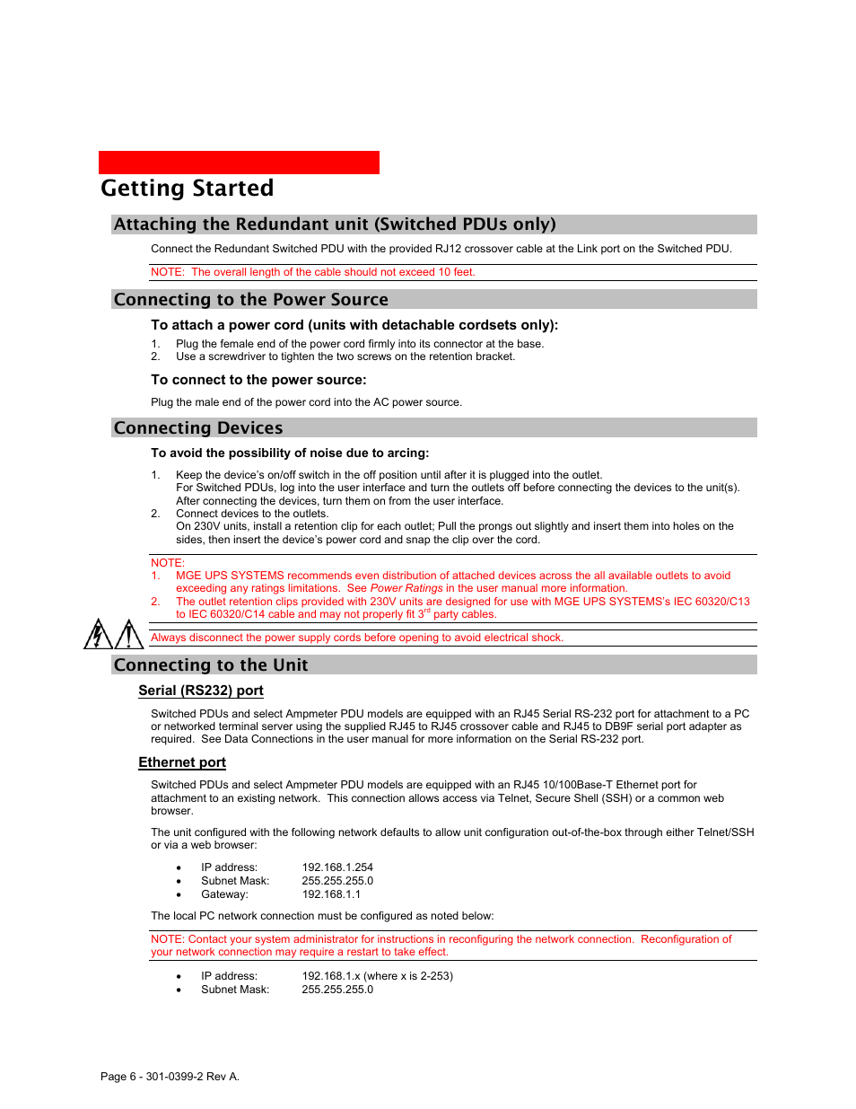 Attaching the redundant unit (switched pdus only), Connecting to the power source, Connecting devices | Connecting to the unit, Serial (rs232) port, Ethernet port, Getting started | MGE UPS Systems Rackmount PDU User Manual | Page 8 / 36