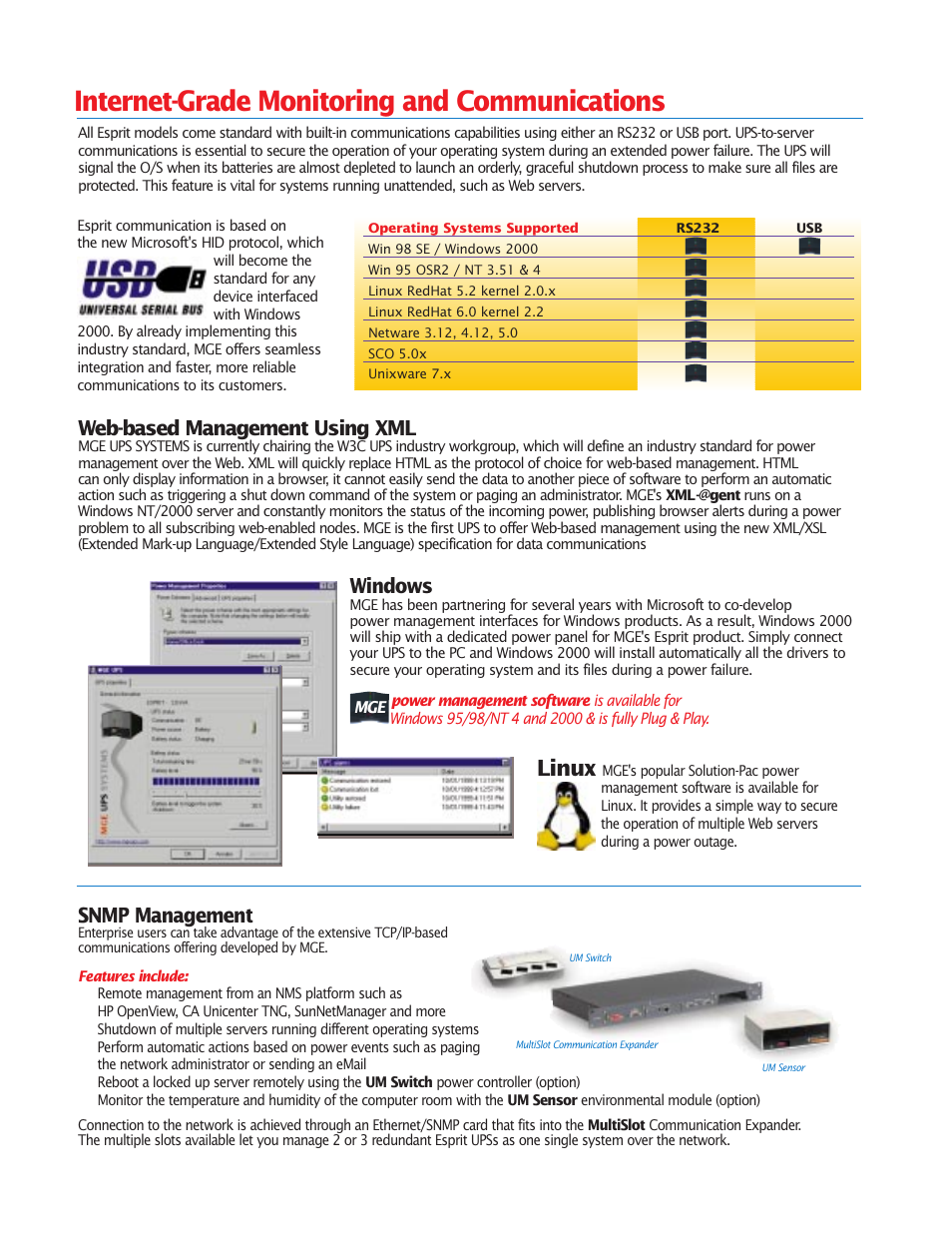 Internet-grade monitoring and communications, Linux, Snmp management | Windows, Web-based management using xml | MGE UPS Systems Pulsar Esprit 313.5 kVA User Manual | Page 4 / 6