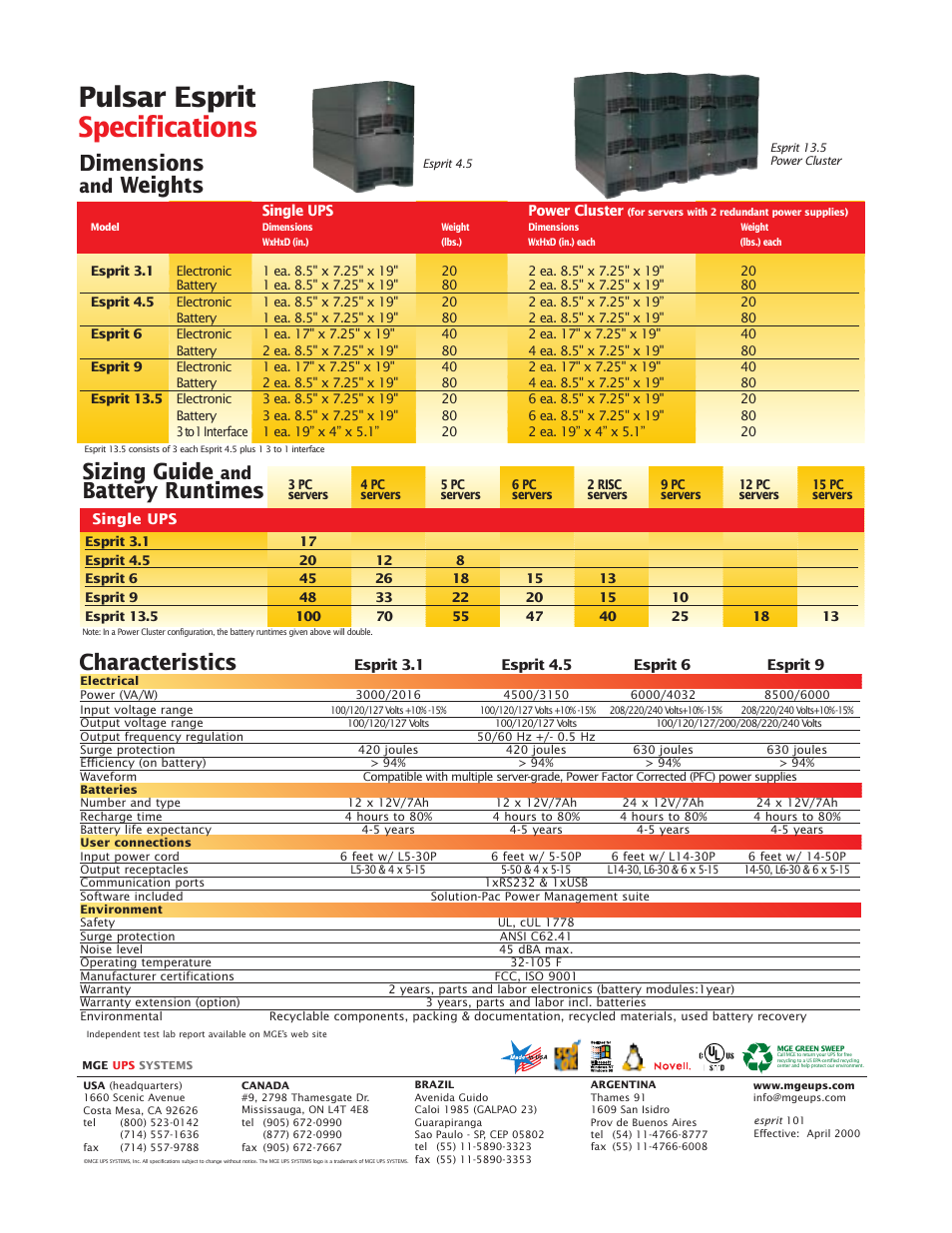 Pulsar esprit specifications, Characteristics, Dimensions | Weights, Sizing guide, Battery runtimes | MGE UPS Systems Pulsar Esprit 313.5 kVA User Manual | Page 6 / 6