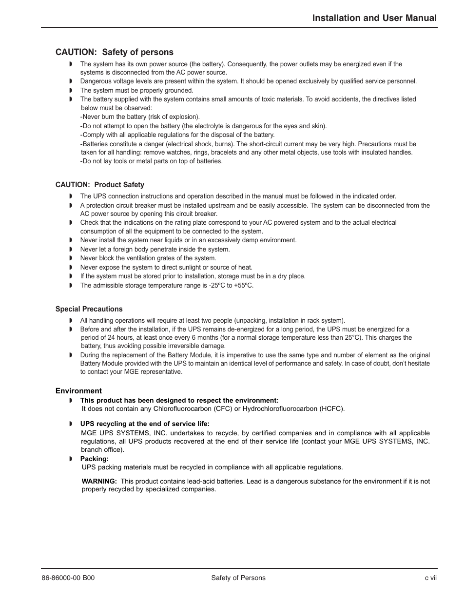 Installation and user manual, Caution: safety of persons | MGE UPS Systems EX-7 User Manual | Page 11 / 76