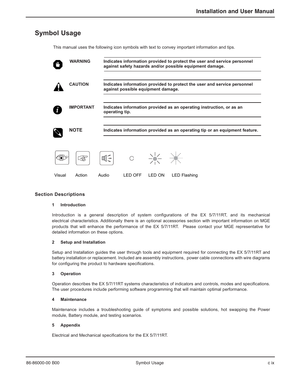 Symbol usage, Installation and user manual | MGE UPS Systems EX-7 User Manual | Page 13 / 76