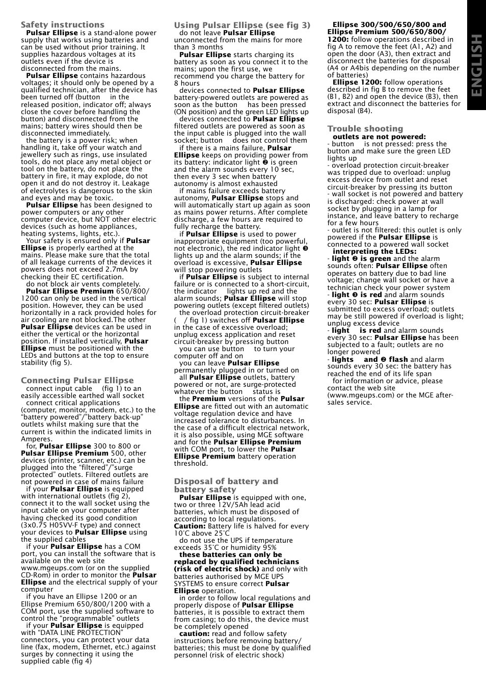 English | MGE UPS Systems Pulsar Ellipse Premium 500 User Manual | Page 3 / 16