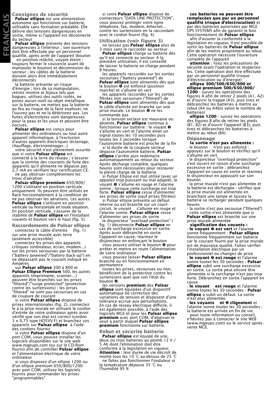 Francais | MGE UPS Systems Pulsar Ellipse Premium 500 User Manual | Page 4 / 16