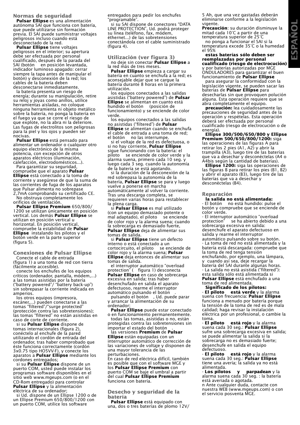 Esp añol | MGE UPS Systems Pulsar Ellipse Premium 500 User Manual | Page 5 / 16