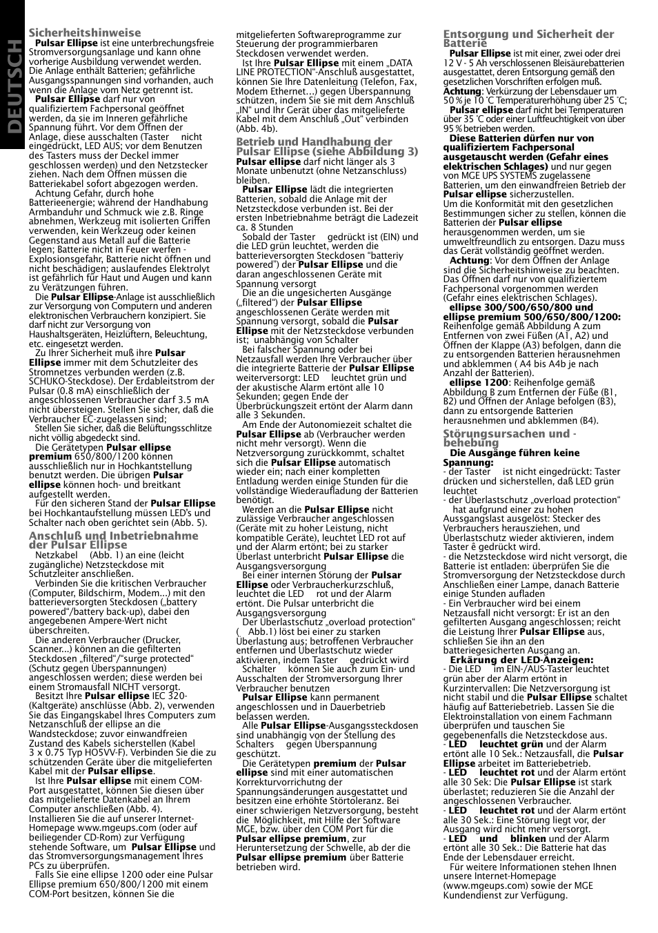 Deutsch | MGE UPS Systems Pulsar Ellipse Premium 500 User Manual | Page 6 / 16