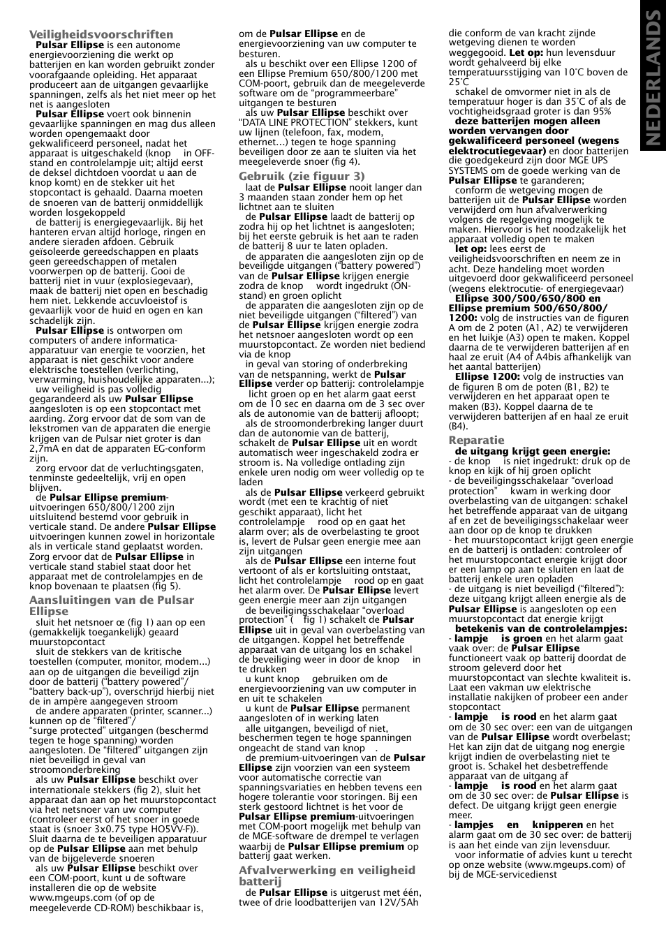 Nederlands | MGE UPS Systems Pulsar Ellipse Premium 500 User Manual | Page 7 / 16