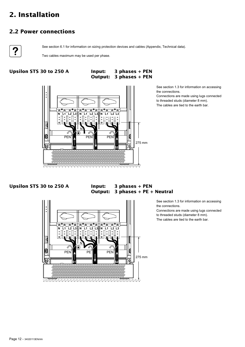 Installation, 2 power connections | MGE UPS Systems 30A User Manual | Page 12 / 30