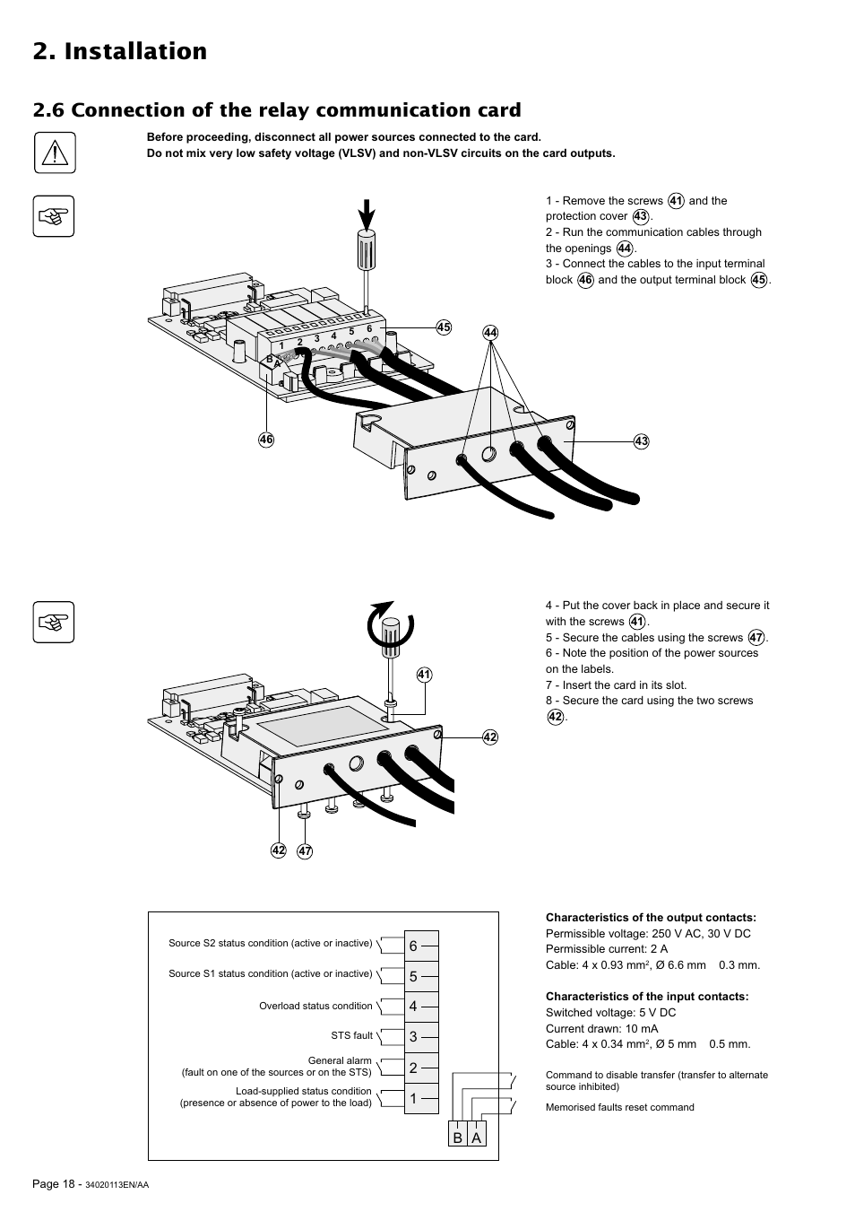 Installation, 6 connection of the relay communication card | MGE UPS Systems 30A User Manual | Page 18 / 30
