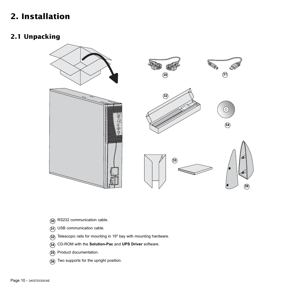 Installation, 1 unpacking | MGE UPS Systems Pulsar EX 2200RT User Manual | Page 10 / 28
