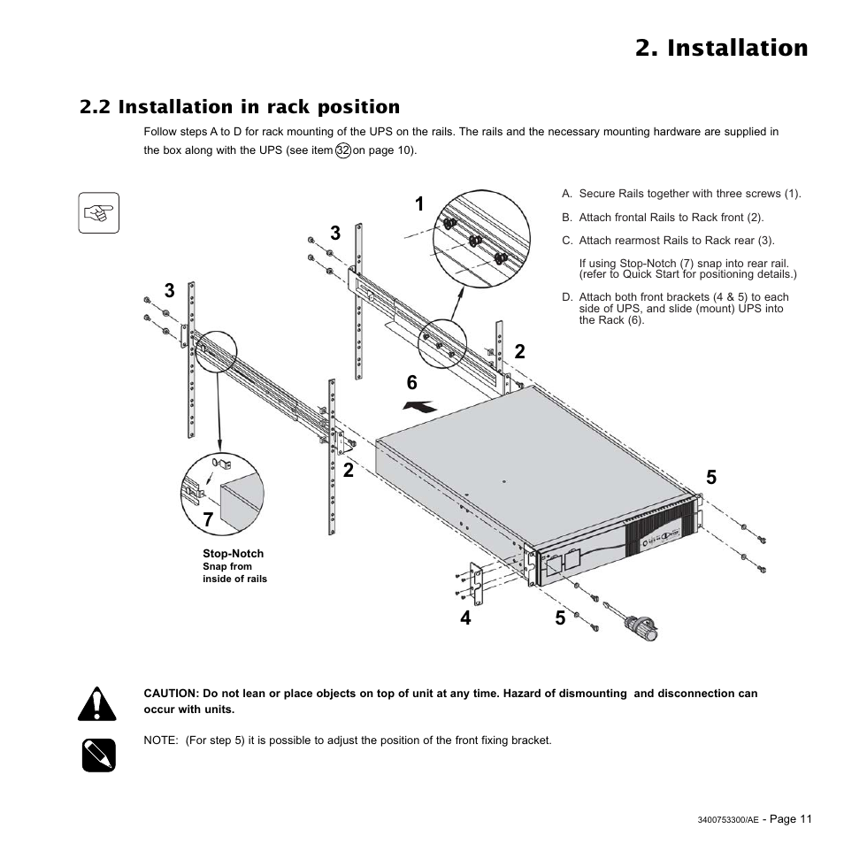 Installation, 2 installation in rack position | MGE UPS Systems Pulsar EX 2200RT User Manual | Page 11 / 28