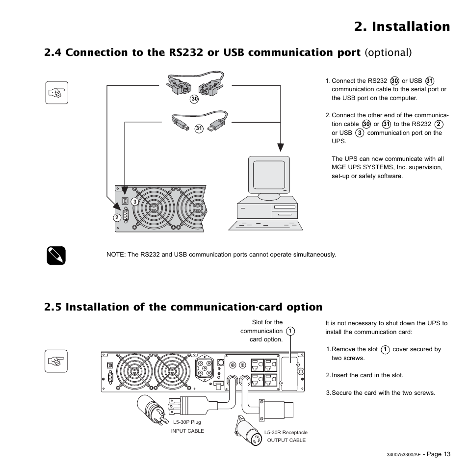 Installation, 5 installation of the communication-card option | MGE UPS Systems Pulsar EX 2200RT User Manual | Page 13 / 28