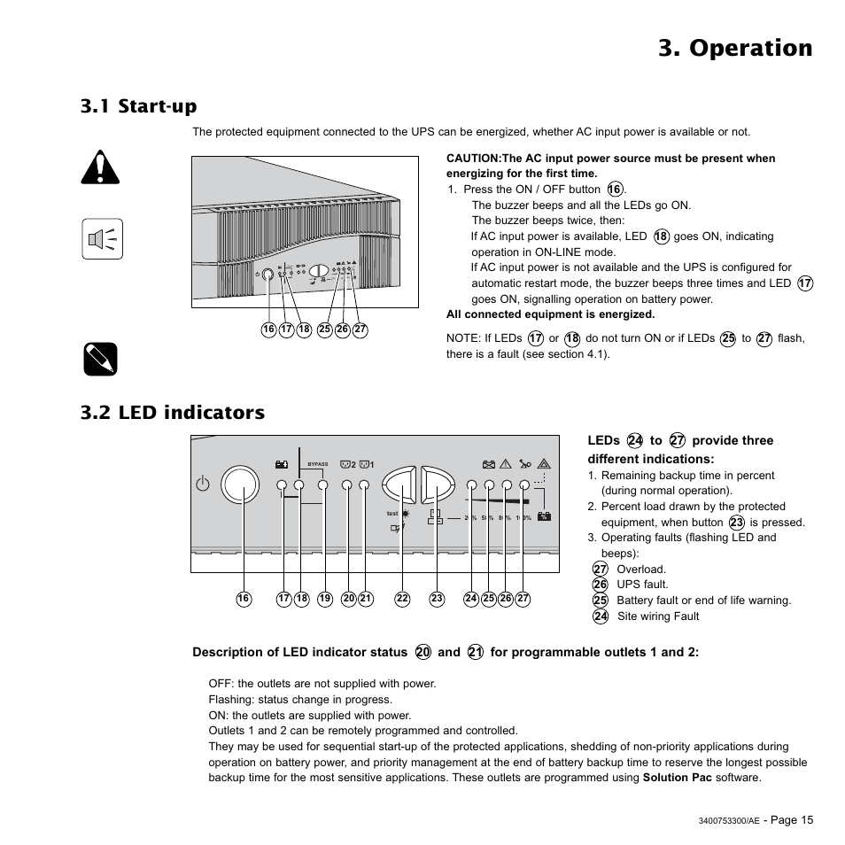 Operation, 2 led indicators, 1 start-up | MGE UPS Systems Pulsar EX 2200RT User Manual | Page 15 / 28