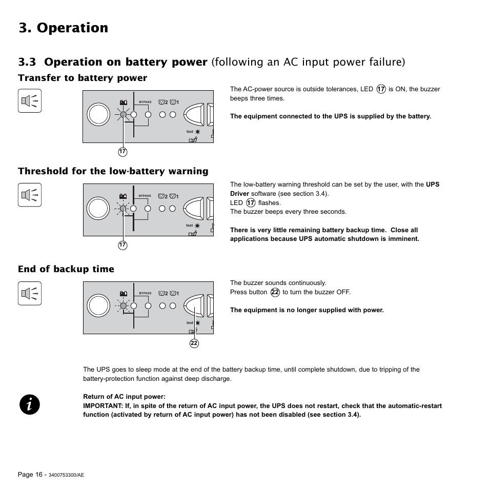 Operation, End of backup time, Threshold for the low-battery warning | Transfer to battery power | MGE UPS Systems Pulsar EX 2200RT User Manual | Page 16 / 28