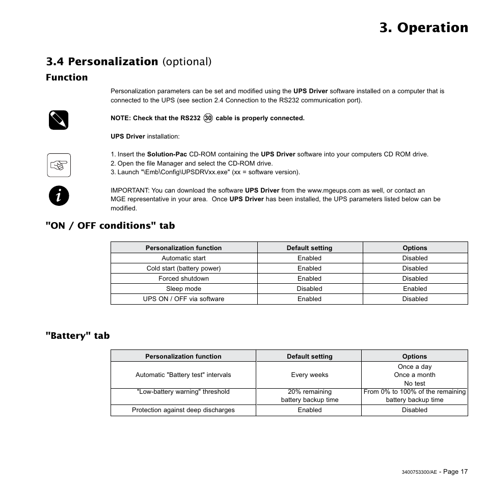 Operation, 4 personalization (optional), On / off conditions" tab | Battery" tab, Function | MGE UPS Systems Pulsar EX 2200RT User Manual | Page 17 / 28