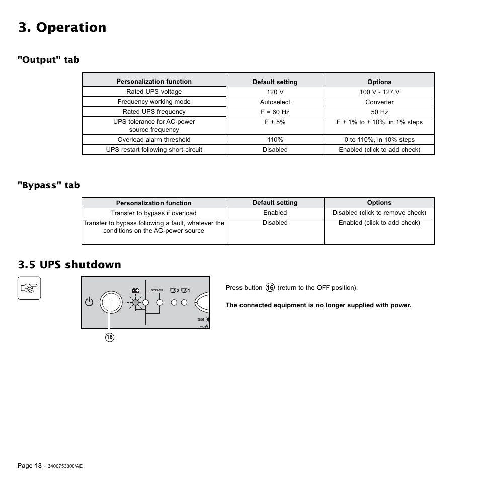 Operation, 5 ups shutdown, Bypass" tab "output" tab | MGE UPS Systems Pulsar EX 2200RT User Manual | Page 18 / 28