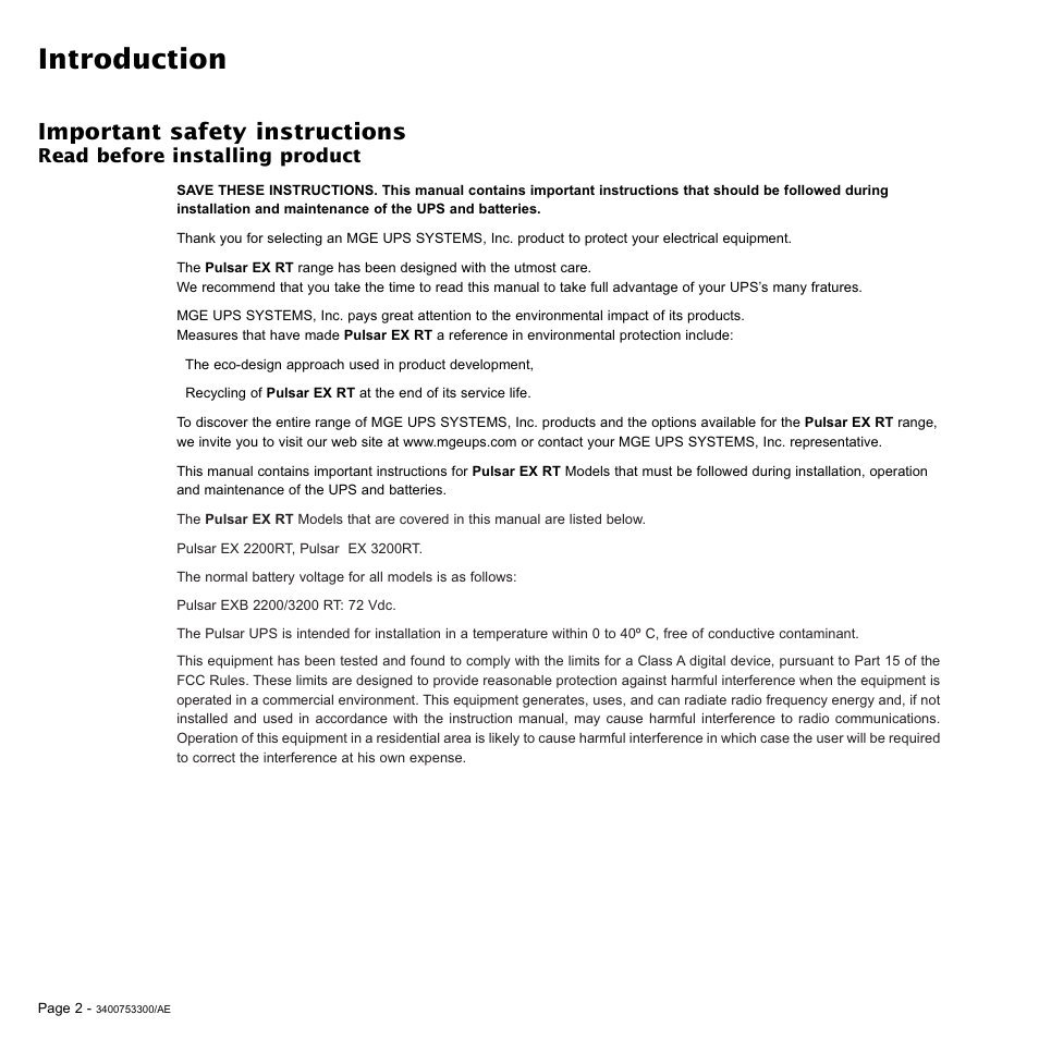 Introduction, Important safety instructions, Read before installing product | MGE UPS Systems Pulsar EX 2200RT User Manual | Page 2 / 28