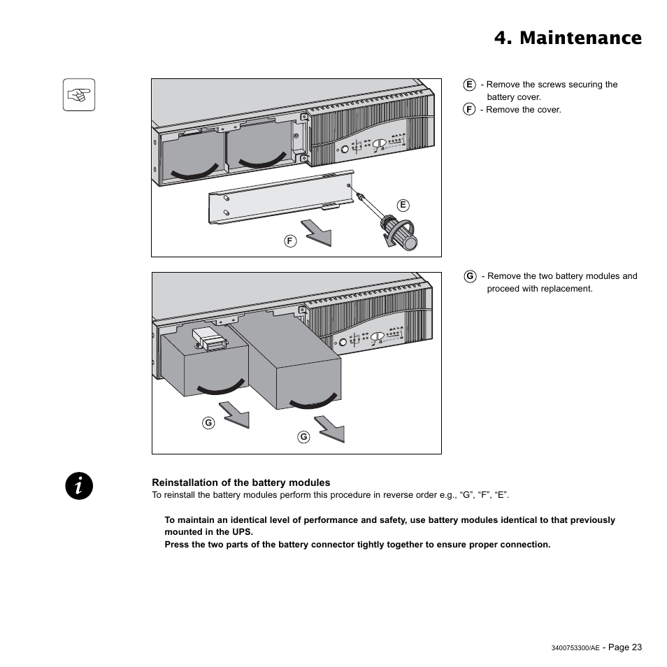 Maintenance | MGE UPS Systems Pulsar EX 2200RT User Manual | Page 23 / 28