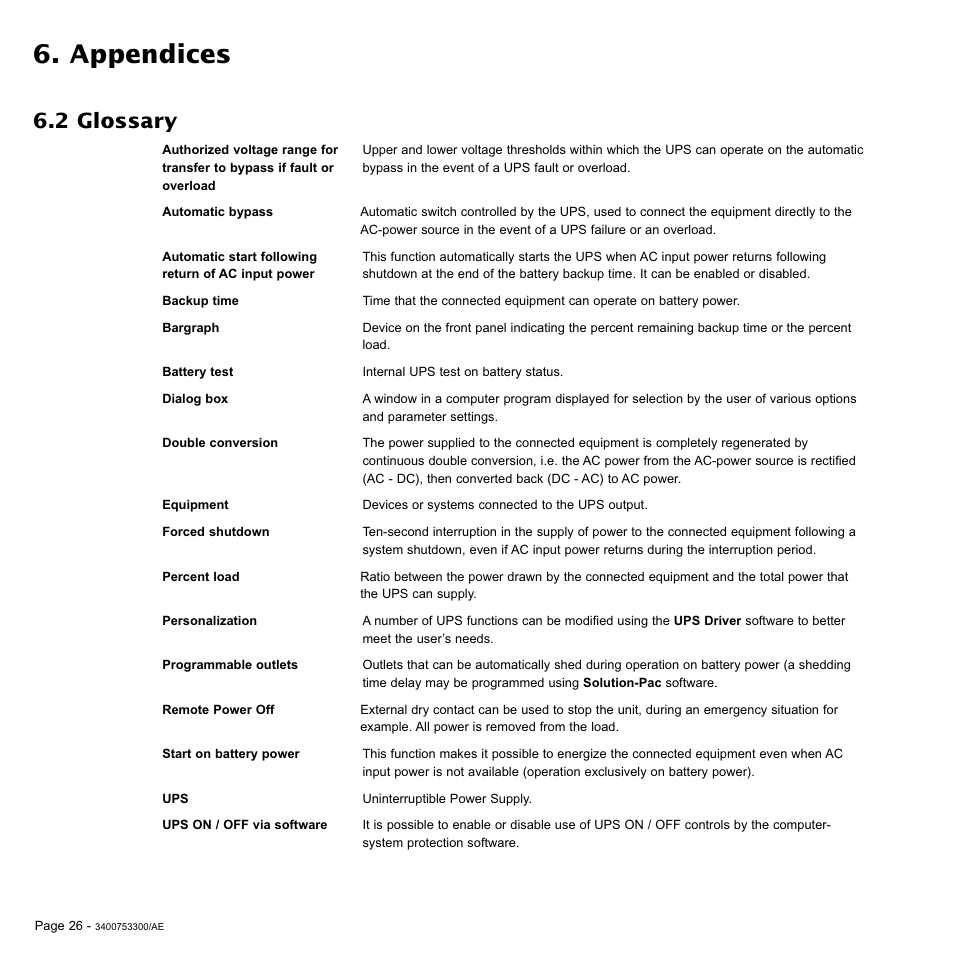 Appendices, 2 glossary | MGE UPS Systems Pulsar EX 2200RT User Manual | Page 26 / 28