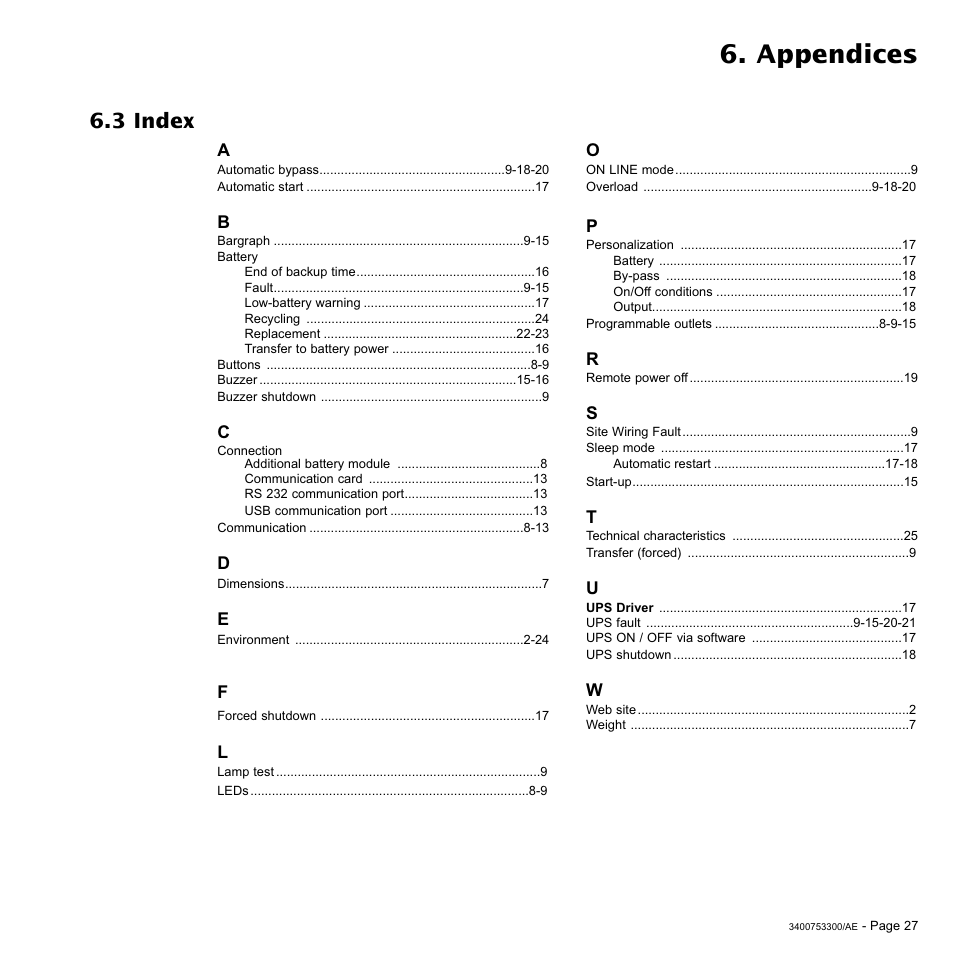 Appendices, 3 index | MGE UPS Systems Pulsar EX 2200RT User Manual | Page 27 / 28