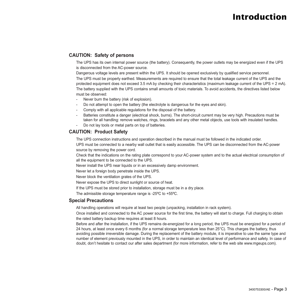 Introduction, Caution: safety of persons, Caution: product safety | Special precautions | MGE UPS Systems Pulsar EX 2200RT User Manual | Page 3 / 28