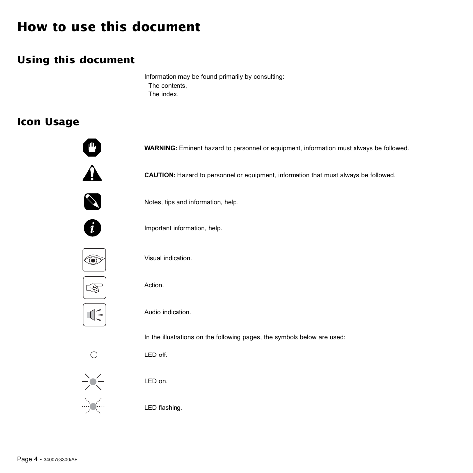 How to use this document, Using this document, Icon usage | MGE UPS Systems Pulsar EX 2200RT User Manual | Page 4 / 28