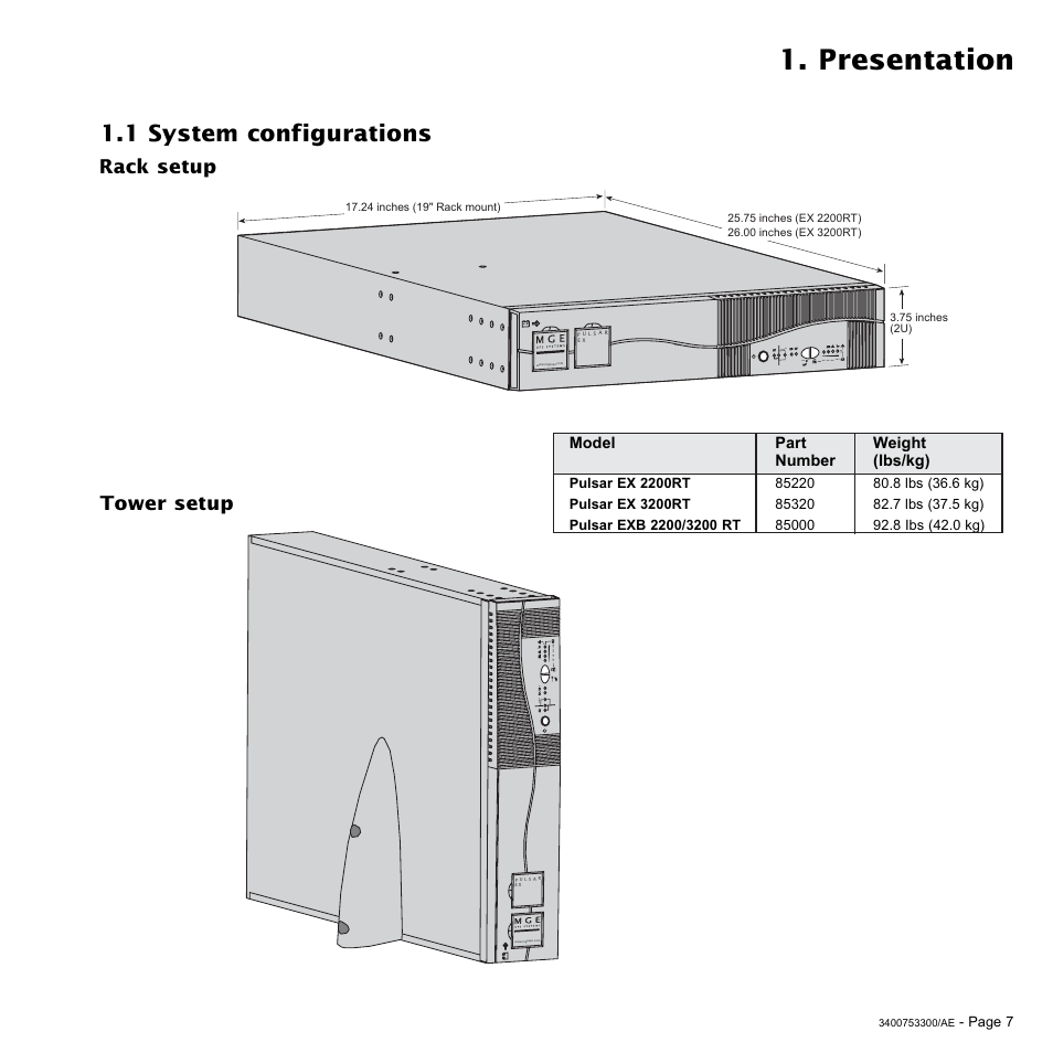 Presentation, 1 system configurations, Tower setup rack setup | MGE UPS Systems Pulsar EX 2200RT User Manual | Page 7 / 28